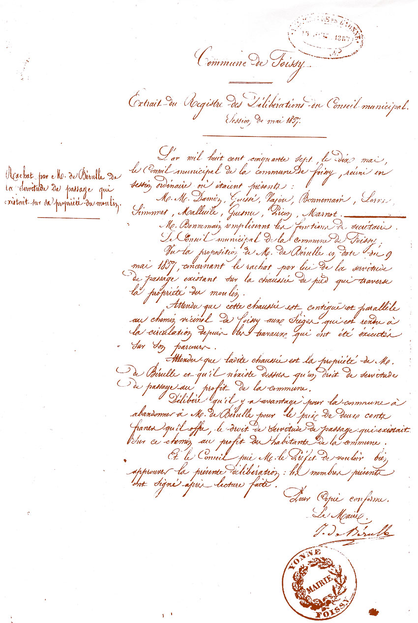délibération du conseil municipal de Foissy du 10 mai 1857